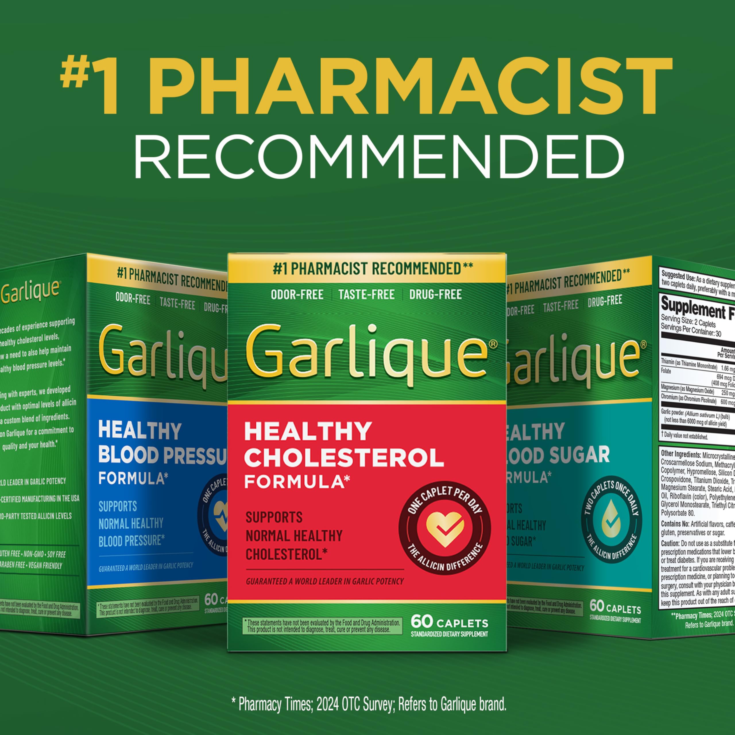 Garlique Garlic Extract Supplement, Healthy Cholesterol Formula, Odorless & Vegan, 60 Caplets