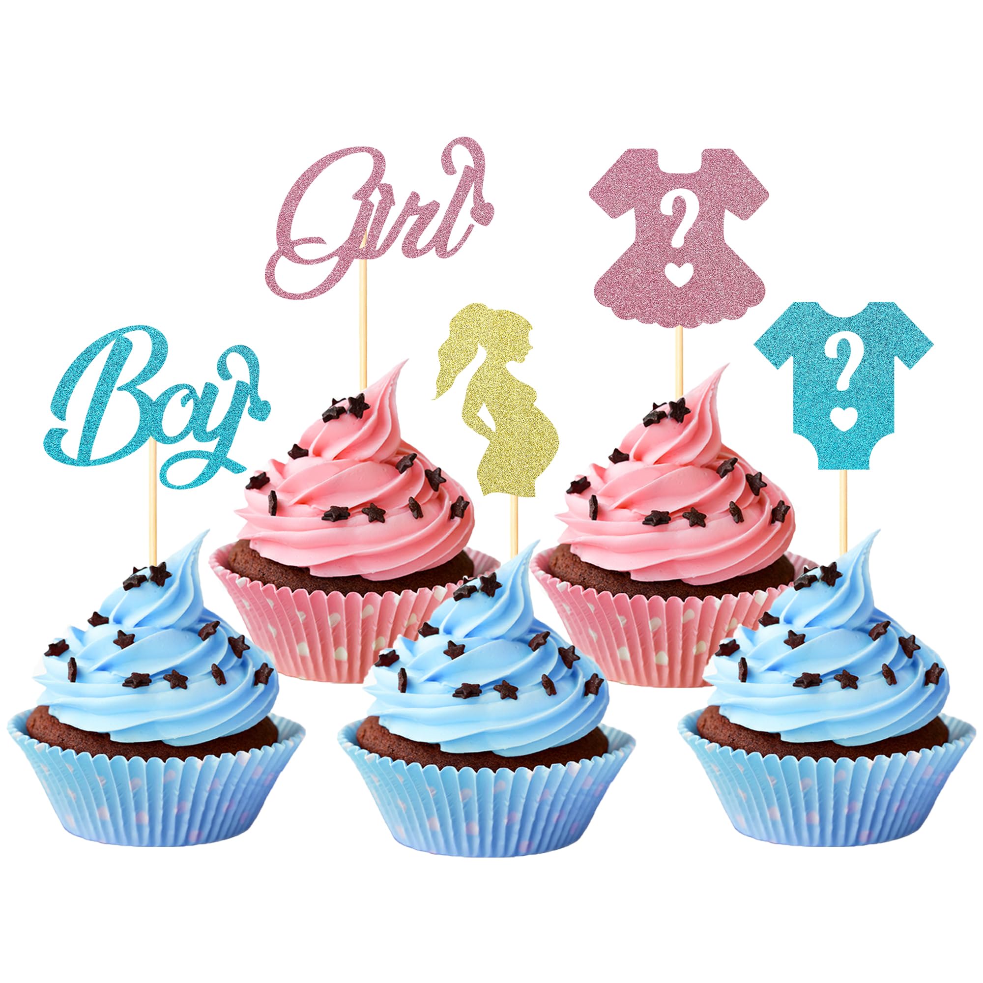 Sotpot 25PCS Boy or Girl Cupcake Toppers Glitter Gender Reveal Cupcake Toppers for Boy or Girl Theme Baby Shower Birthday Party Cake Decorations