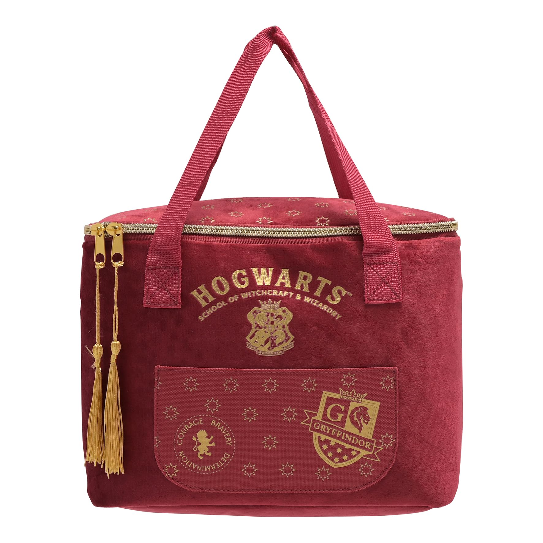 Warner Bros Harry Potter Gryffindor Alumni Lunch Bag – Official Red Velvet Insulated Lunch Tote with Embroidered Hogwarts Crest, Tassel Zippers – School Lunch Box for Kids, Teens & Adult Fans