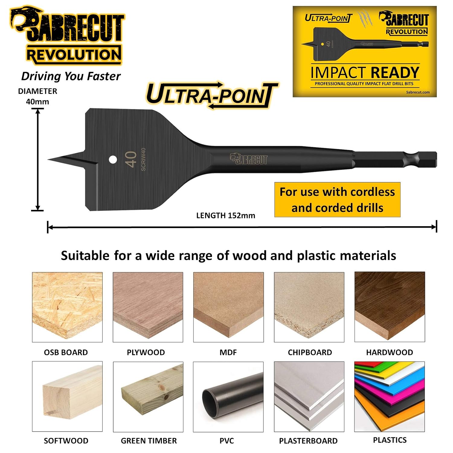5 x SabreCut SCRIW40_5 40mm x 152mm Impact Rated Flat Wood Spade Bits for Softwood Hardwood Chipboard - Image 4
