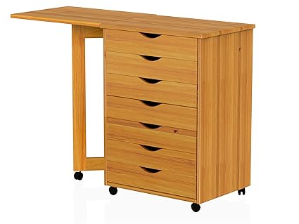Adeputs 7 Drawer Gate Leg Roll Cart With Desk Solid Wood Pine