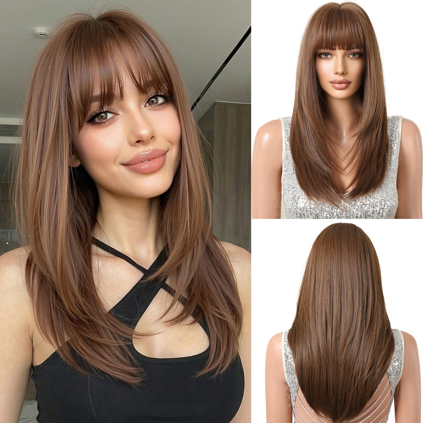 OUFEI Brown Wigs for Women Long Straight Wig with Fringe Synthetic Hair Heat Resistant Wigs for Daily Party Cosplay Wear — image 1