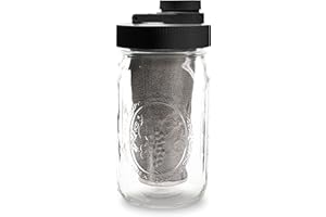 Brewing America Mason Jar Cold Brew Coffee Maker Infuser: Made in USA Wide Mouth Mason Jar with Screw Top Pour Lid, Stainless Steel Filter for Delicious Coffee, Tea, Alcohol - 1 Quart 32 oz Black Lid