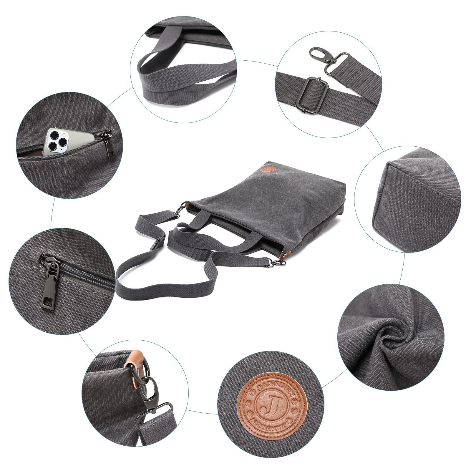 JANSBEN Women's Canvas Handbag, Shoulder Bag, Casual, Multifunctional Shoulder Bags, Large, for Work, School, Shopping, Casual and Daily Use, gray, Casual