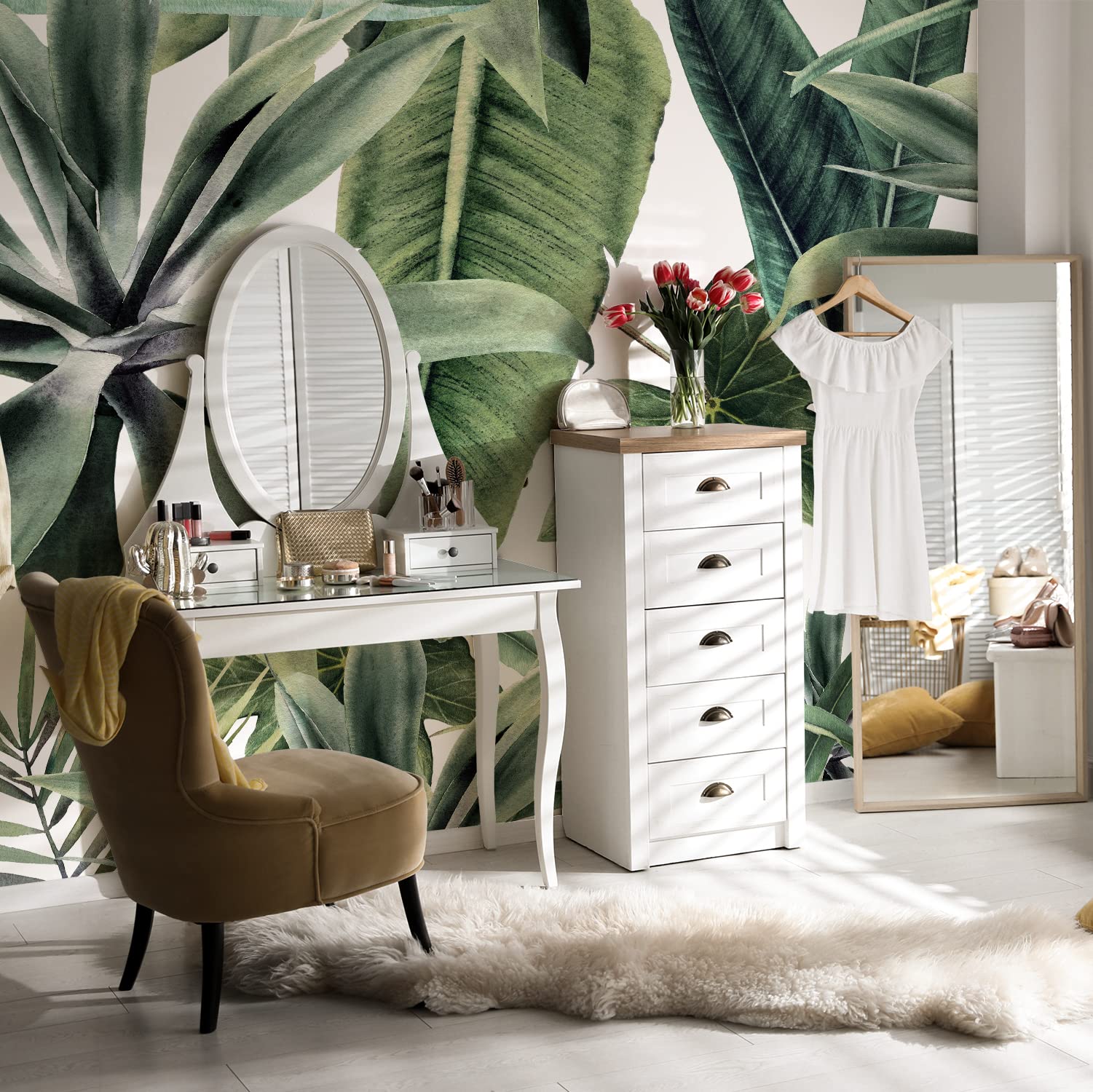 Photo 1 of Flortlias Peel and Stick Watercolor Large Tropical Leaves Wall Mural, Leather Textured Vinyl Self-Adhesive Wallpaper for Bedroom Living Room Accent Wall Decor, White Background, 92''x125''