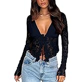 AGECODE Women's Sexy Open Front Tie Long Sleeve Ruffle Trim Sheer Mesh Lace Crop Tops Blouses
