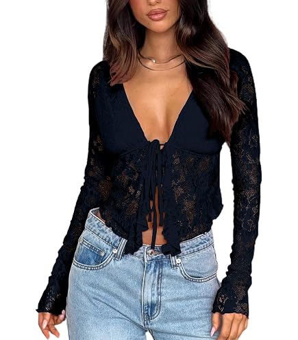 ABYOVRT Women Going Out Tops Ruffle Trim Button Front V Neck
