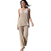 Famulily Womens 2 Piece Crochet Knit Outfits Summer Hollow Out Cover Up Sets Sleeveless Deep V Neck Top and Wide Leg Pants