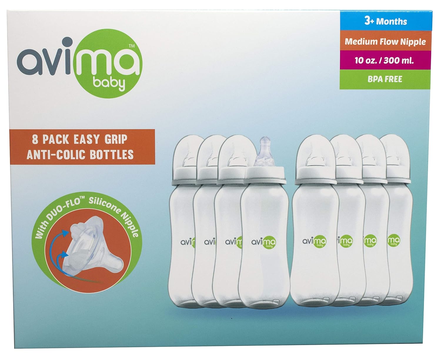 Avima 10 oz Anti Colic Baby Bottles, BPA Free, Standard Neck with Medium Flow Nipples (Set of 8) : Baby