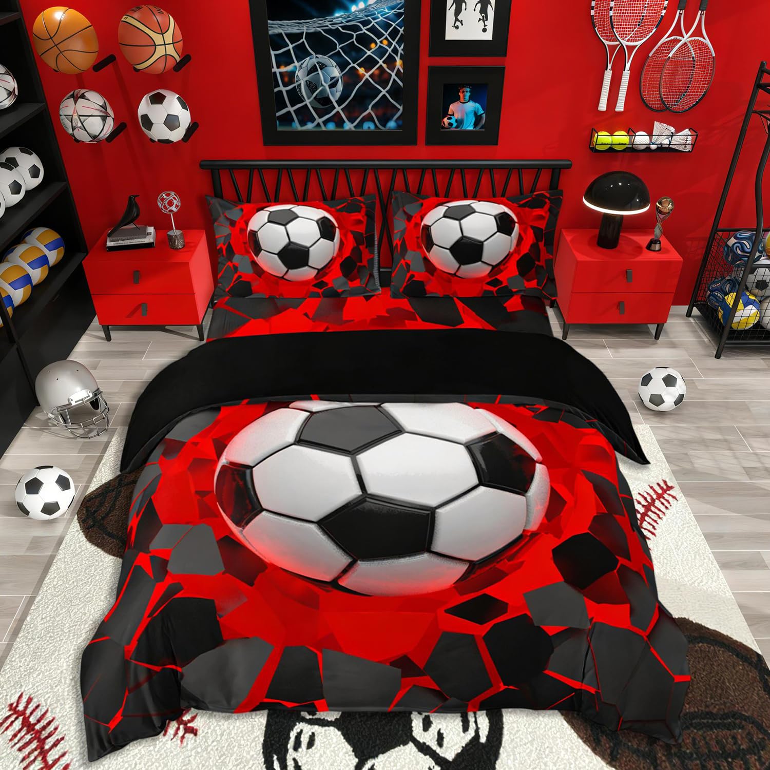 Loussiesd Soccer Ball Bedding Set 3D Geometric Football Duvet Cover for Kids Boys Girls Red Black Comforter Cover Sport Bedding & Linen Room 3Pcs Double,Zipper — image 1