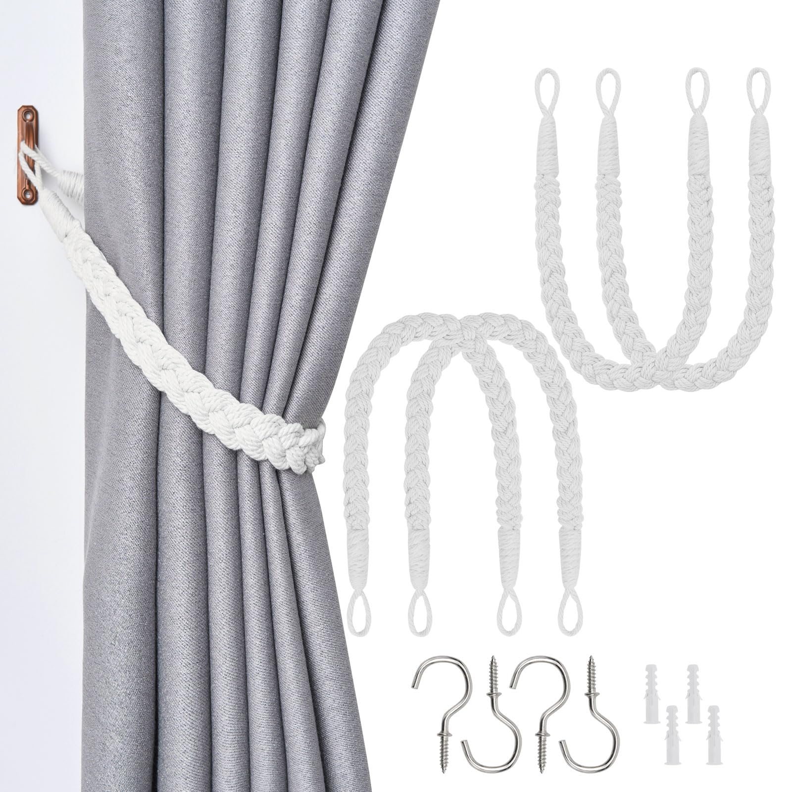 Pretty Jolly 4 Pack Natural Cotton Rope Curtain Tiebacks Elegant Boho Style Decorative Drape Tie Backs Soft Hand-Woven Rope Curtain Holdbacks with Metal Hook for Home & Office Drapery (White) — image 1