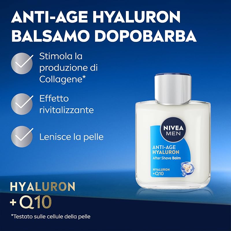 Anti-Age Hyaluron Balsamo Dopobarba Uomo 100 ml, Balsamo barba anti-rughe, rivitalizzante e lenitivo, Aftershave con Acido Ialuronico e Q10, Skincare per tutti i tipi di pelle