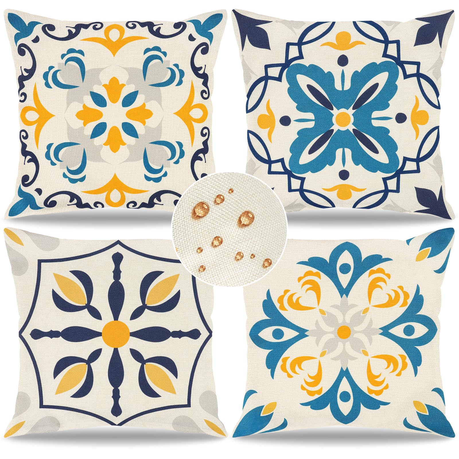 Weldomcor Waterproof Cushion Cover Set of 4, 45x45cm Floral Printed Pattern Outdoor Throw Cushion Cover Bohemian Decorative Pillow Cases for Garden Patio Porch Bench Sofa Indoor Living Room Chair