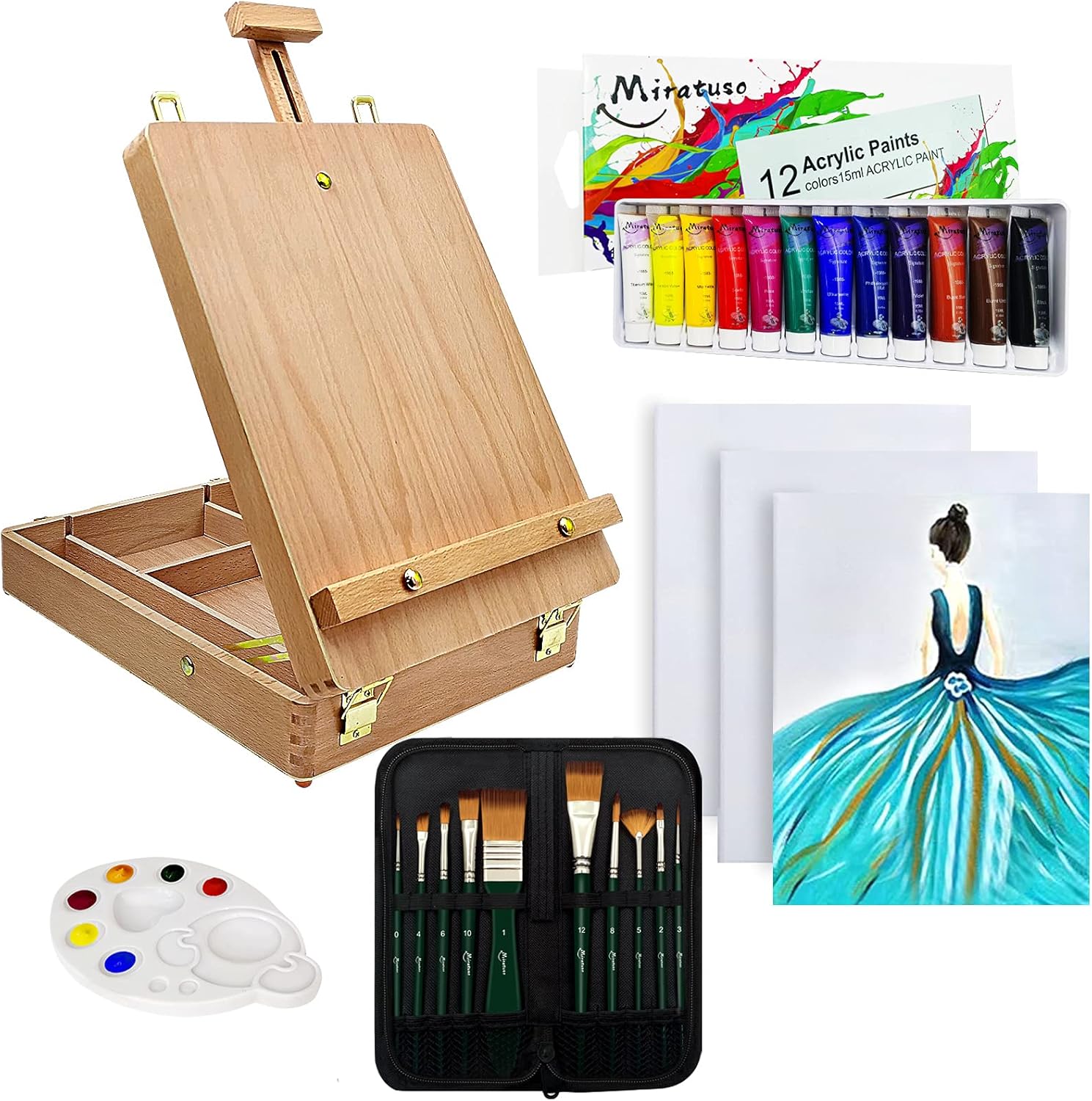 Deluxe Art Supplies 27 Pieces Art Set with Tabletop Easel, 12 Colors Acrylic Paint, 10 Paint Brushes, 3 Canvas Panels, Palettes: Arts, Crafts & Sewing