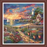 Dimensean Counted Cross Stitch Kit for Beginners, 11CT Unprinted Cross-Stitch Kit Easy Patterns Needlepoint Kit Cross Stitching Embroidery Kit Supplies-Seaside Lighthouse Home 18x18 inch