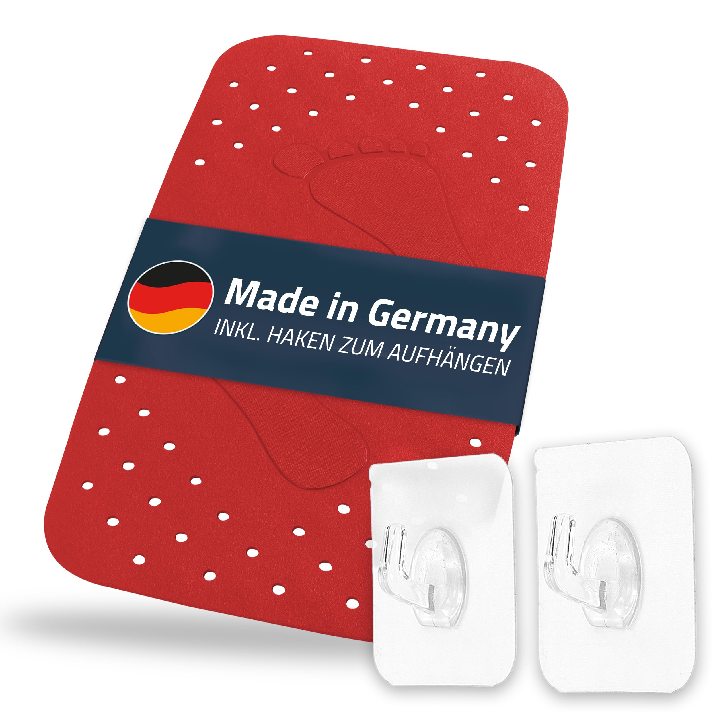 Step Bath Mat Approx. 38 x 72 cm, Red, 100% TPE | Includes 2 Hooks | Free from PVC, Phthalates, Lead, Latex | TÜV Tested | Made in Germany