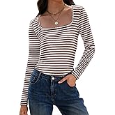 IWD Womens Striped Long Sleeve Shirts Slim Fit Square Neck Tops 2026 Spring Lightweight Knit Pullover Sweater