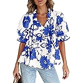 PRETTYGARDEN Womens Summer Tops 2026 Cute Puff Sleeve Ruffle V Neck Babydoll T-Shirts Boho Floral Spring Peplum Shirts