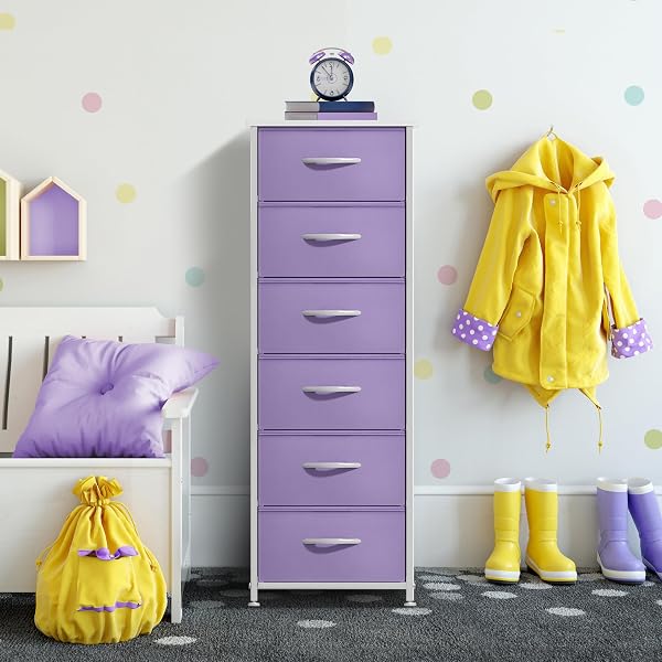 SORBUS FABRIC DRESSER FOR KIDS BEDROOM – CHEST OF 6 DRAWERS, TALL STORAGE TOWER, CLOTHING ORGANIZER, FOR CLOSET, FOR PLAYROOM, FOR NURSERY, STEEL FRAME, FABRIC BINS – WOOD HANDLE (PURPLE)