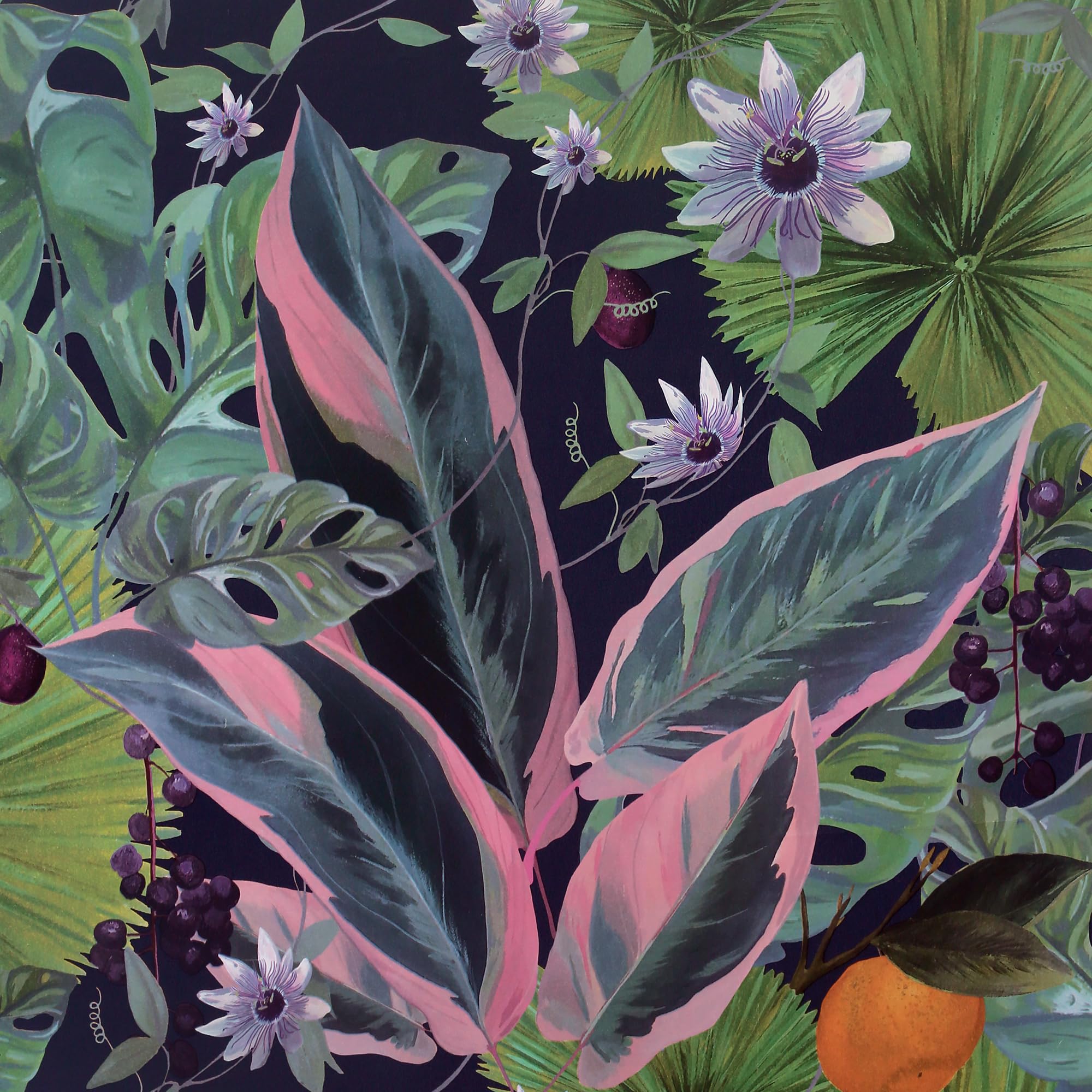 Arthouse Passion Flower Wallpaper, Navy Blue Multi Large Scale Exotic Foliage Intertwined, Fruit Salad Mix, Orange Blossom Groves 921703 — image 1