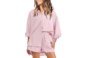 EXLURA Women's Summer 2 Piece Outfits Long Sleeve Button Down Shirts Matching Short Sets Oversized Lounge Pajama Workout 2024