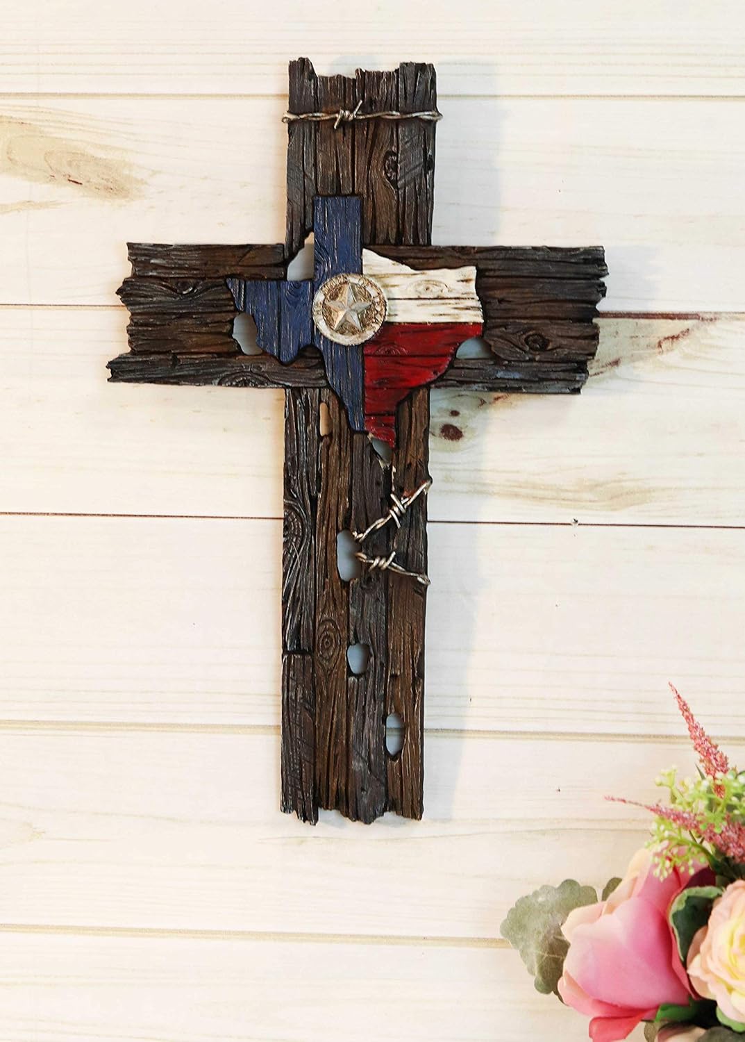 Ebros Rustic Western Star On Texas Map Flag With Barbed Wires Wall Cross Decor Plaque In Faux Distressed Wood Plank With Holes Finish 14.25" Tall Christian Catholic Decorative Accent Crosses