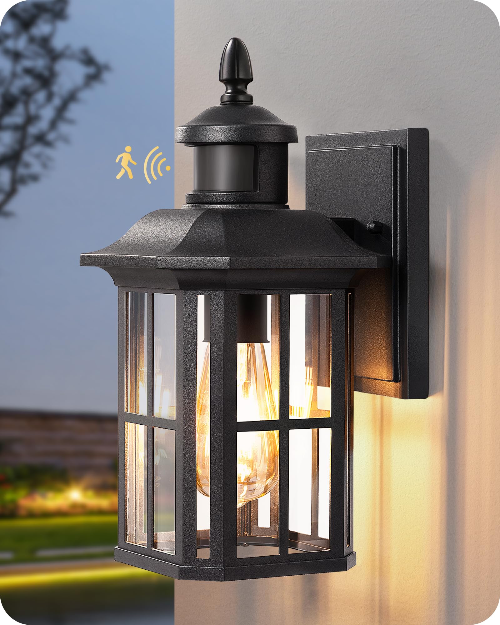 Photo 1 of EDISHINE Motion Sensor Outdoor Wall Light, Dusk to Dawn Front Porch Light Fixture, Outdoor Wall Sconce with Clear Glass, Black Exterior Wall Lantern for Door, Garage, Patio, House