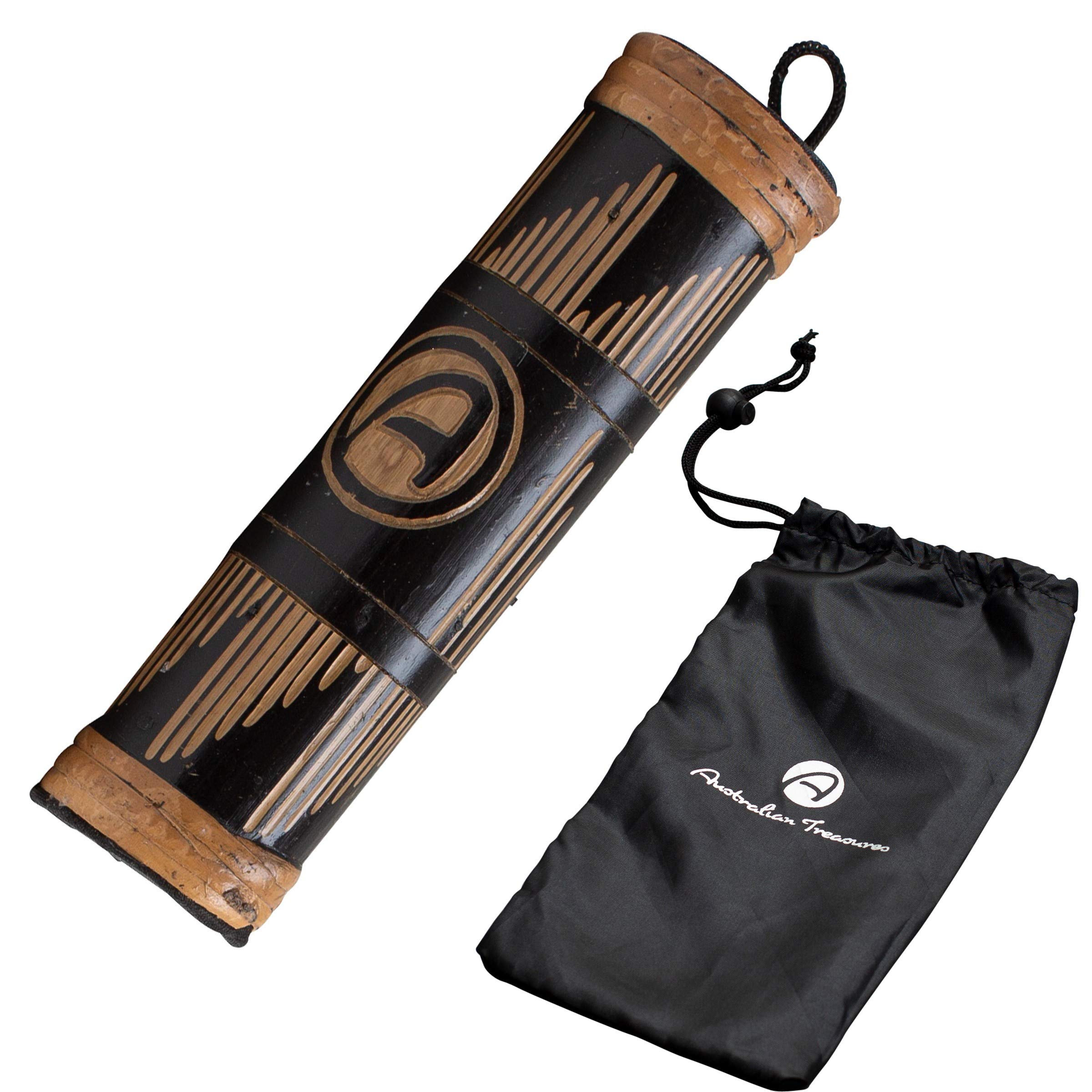 Australian Treasures Rainmaker Instrument 20 cm Relief Carved Bamboo Wood - Rain Rattle Sound Healing - Wooden Percussion Rain Stick with Nylon Bag for Children & Adults