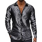 Hi-Tie Silk Mens Paisley Dress Shirts Casual Long Sleeve Button Down Regular Fit Shirts Formal Wedding Party Business