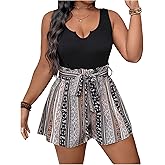 SOLY HUX Women's Plus Size Tribal Print Short Jumpsuit Notch V Neck Sleeveless Boho Rompers with Belt