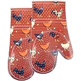 RED LMLDETA Oven Mitts Set of 2 with Transparent Clear Silicone Shell and Nice Shell Flower Cotton Lining, Heat Resistant to 500 F Kitchen Oven Gloves Pot Holder for Cooking (Rooster, Oven Mitts)