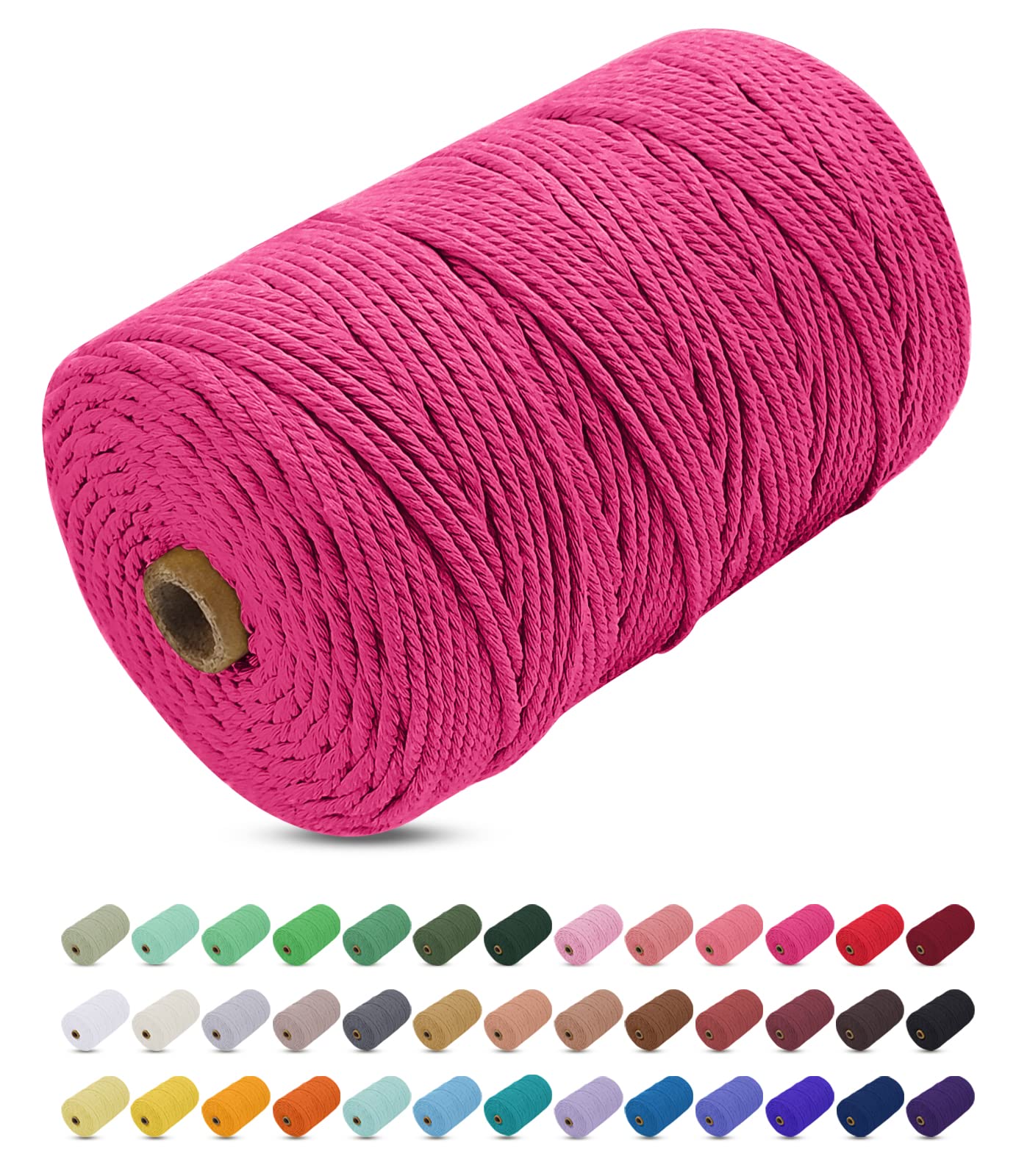 Uiopa Macrame Cord 3mm x 200m, Thick Macrame Rope Yarn Soft Natural Cotton Cord, Coloured 4-Ply Macrame String for DIY Craft, Plant Hangers, Wall Hanging, Christmas Decorations (Rose red)