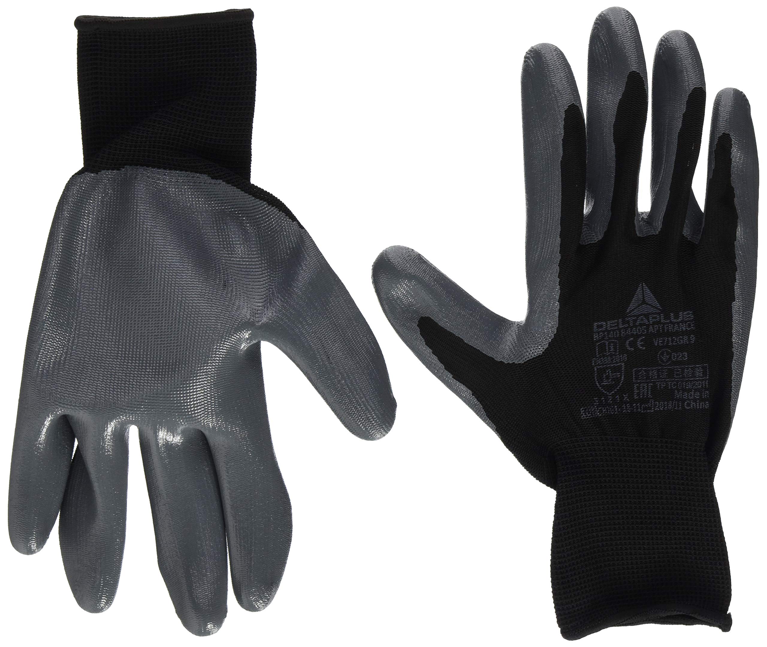 Delta Plus DPVE712GR Polyester Knitted Glove / Nitrile Palm, Black/Grey, Size 09