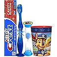 Paw Patrol Chase Inspired 4pc Bright Smile Oral Hygiene Set! Flashing Lights Toothbrush, Toothpaste, Brushing Timer & Mouthwash Rise Cup! Plus Bonus Remember to Brush Visual Aid!