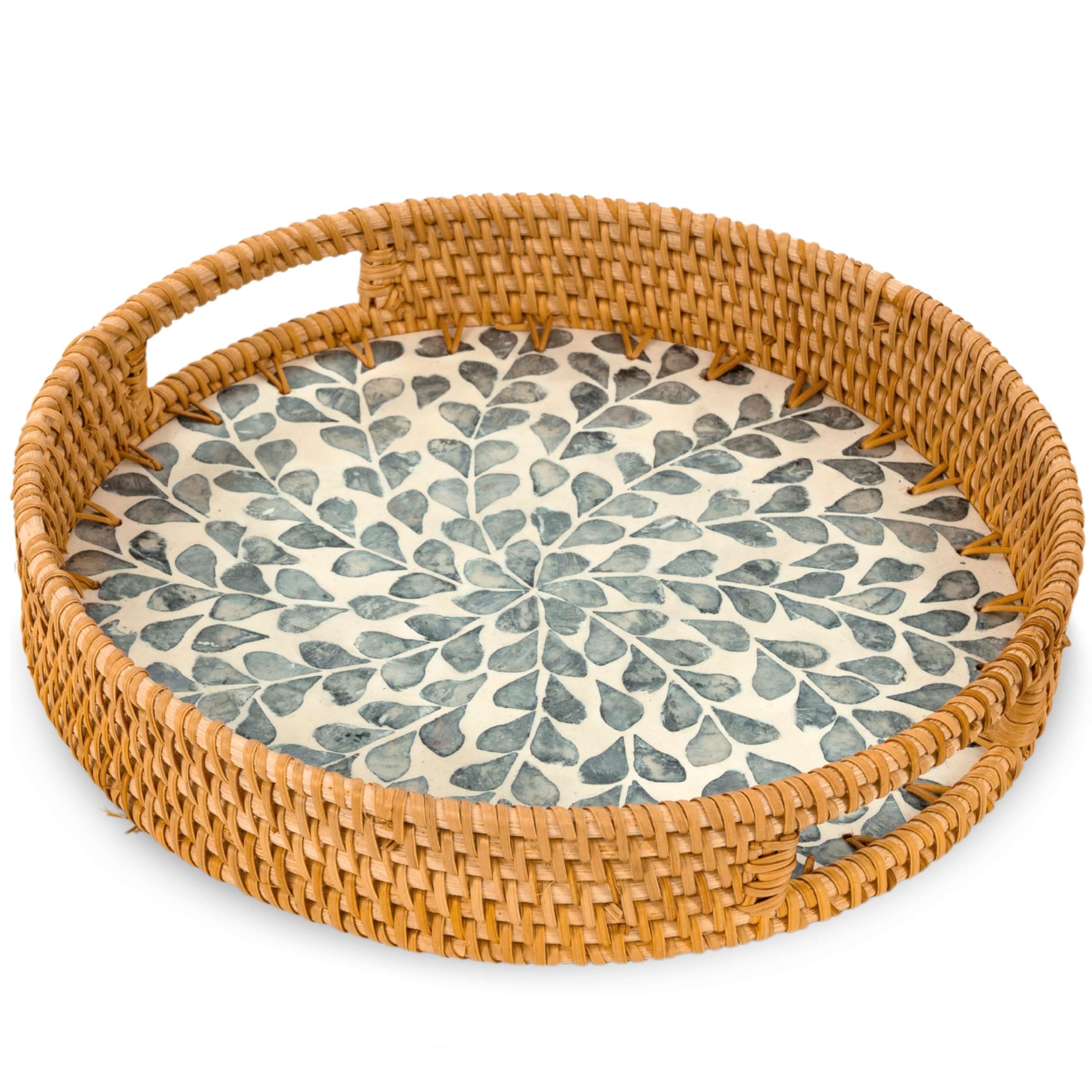 Photo 1 of *MINOR DAMAGE** KOLWOVEN Round Rattan Tray with Handle, Rattan Serving Tray with Mother of Pearl Inlay Wooden Base (White- Blue Leaves)