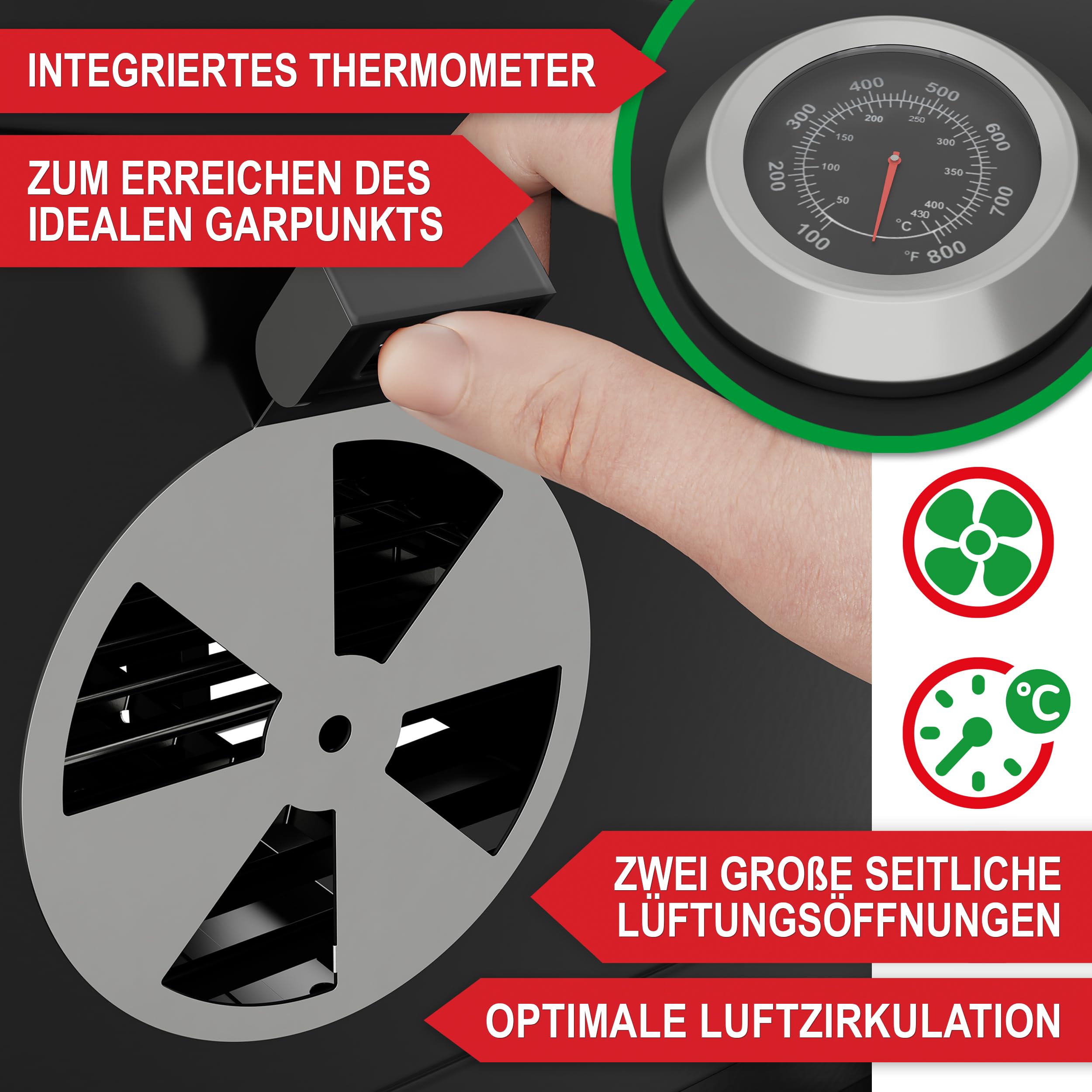 ONBEST Holzkohlegrill mit Grillrost aus Gusseisen – PLUS Abdeckung - XXL BBQ Grill mit Deckel – mobiler Grillwagen mit klappbaren Ablagen – Grillrostverstellung –Thermometer – Flaschenöffner 3