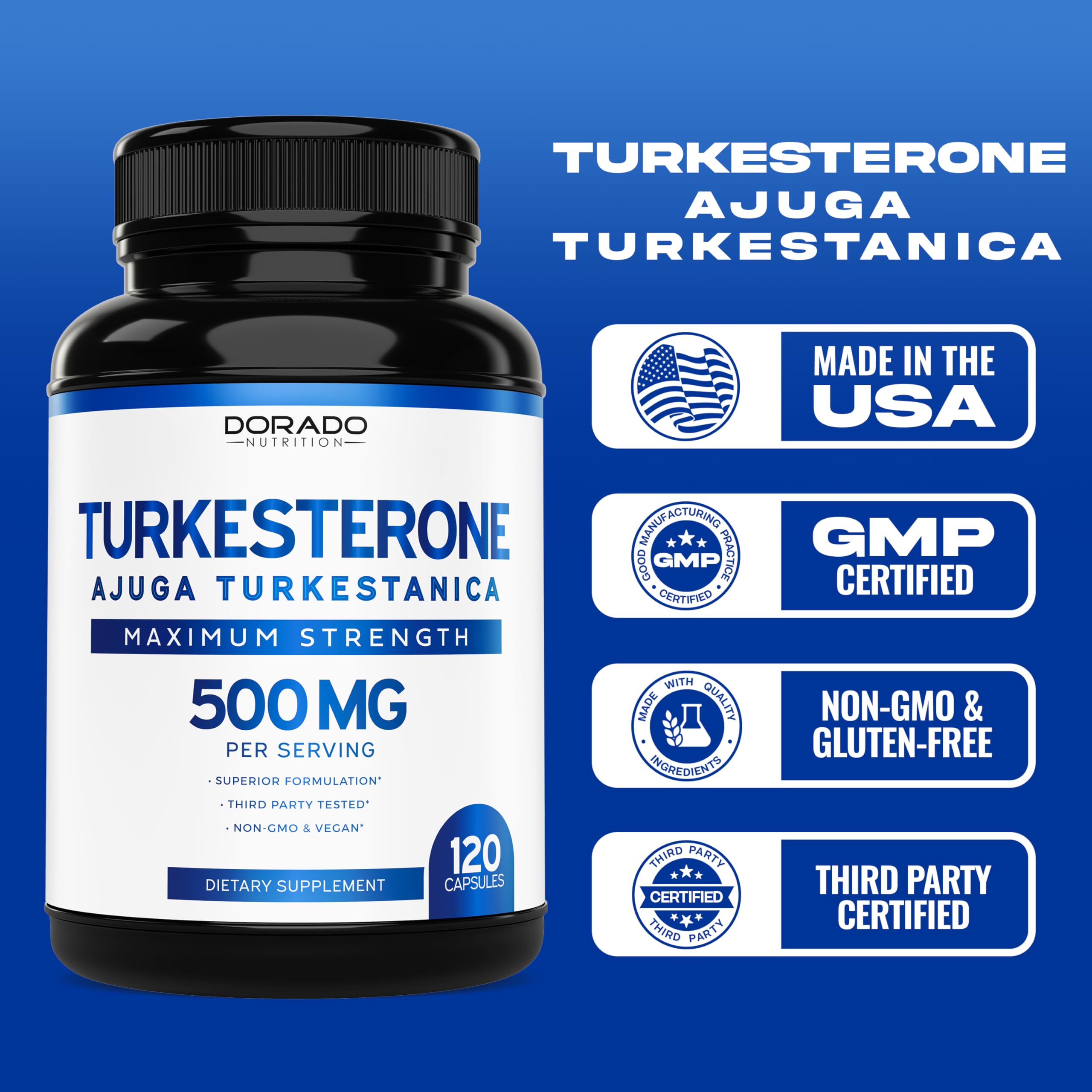 Turkesterone Supplement 500mg (120 Capsules) - Stamina, Drive, Athletic Performance & Muscle Mass - (Ajuga Turkestanica Std. to 10% Turkesterone) (Similar to Ecdysterone) - Non-GMO & Vegan Capsules