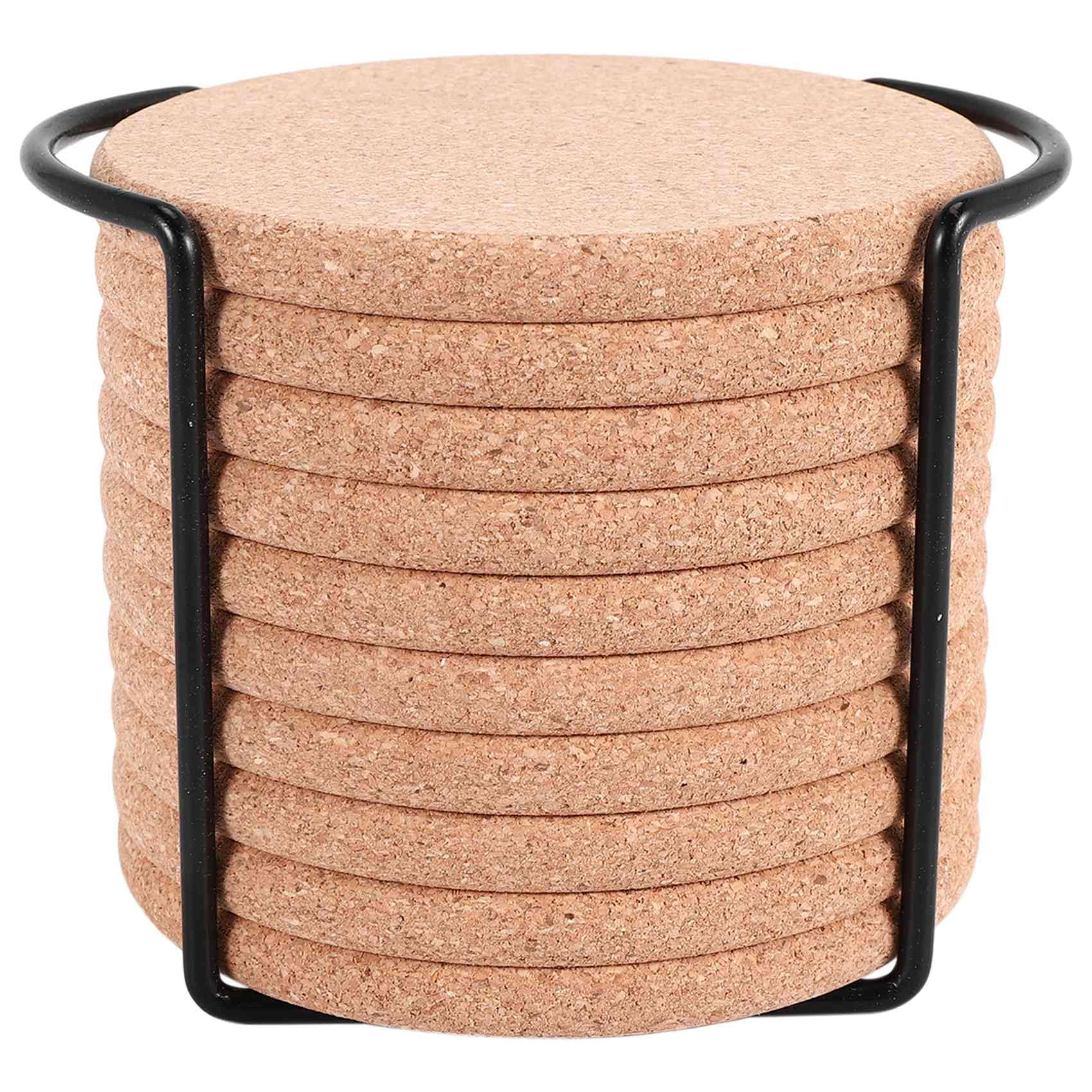Plomevry Round Cork Coasters for Drinks,with Metal Holder Storage,Reusable Saucers for Cold Drinks Wine Glasses Cup