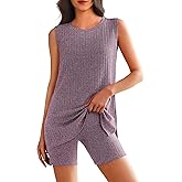 Ekouaer Womens 2 Piece Lounge Set Ribbed Knit Pajamas Sleeveless Sleepwear Biker Shorts Loungewear Outfit S-XXL