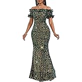 dasmzper Women Sexy Sequin Off Shoulder Ruffle Short Sleeve Bodycon Mermaid Party Formal Evening Maxi Dress