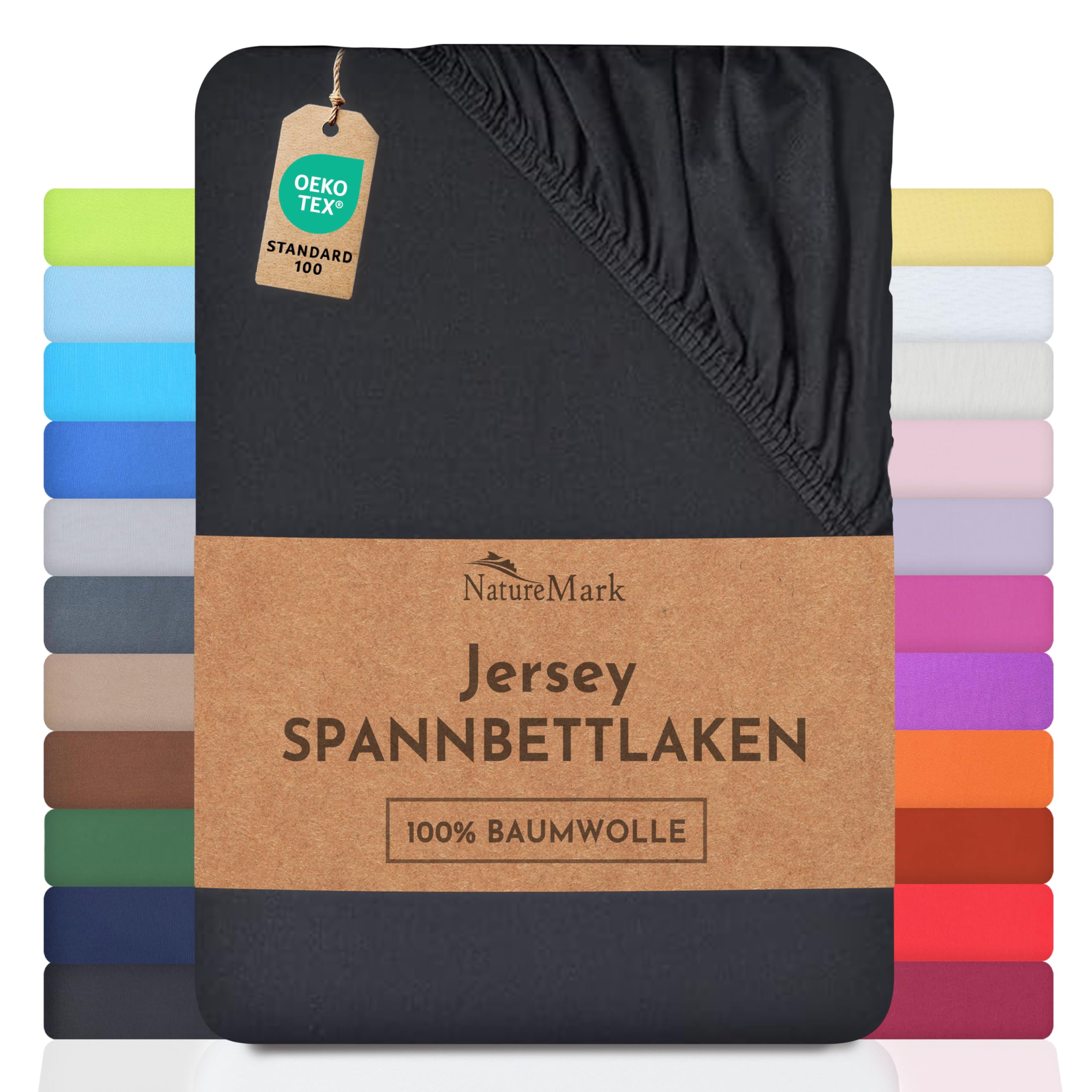 NatureMark Jersey Spannbettlaken, Spannbetttuch 100% Baumwolle in vielen Größen und Farben MARKENQUALITÄT ÖKOTEX Standard 100 | 140 x 200 cm - 160 x 200 cm - schwarz