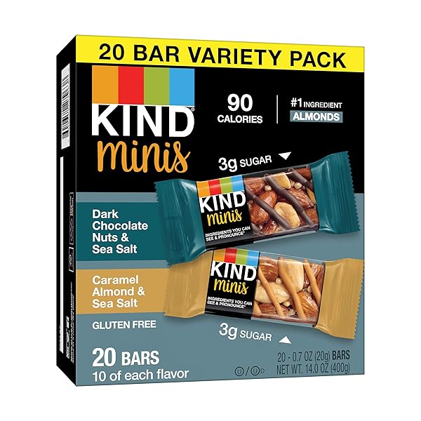 KIND MINIS SNACK BARS, DARK CHOCOLATE NUTS & SEA SALT AND CARAMEL ALMOND & SEA SALT, 3G SUGAR, GLUTEN FREE BARS, VARIETY PACK, 0.7 OZ, (20 COUNT)