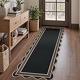 LORWER Easy Jute Scalloped 2x6 Runner Rug for Hallway, Washable Kitchen Rugs Non Slip Outdoor Indoor Black Hallway Rug, Farmhouse Morden Carpet for Porch Bedroom Laundry