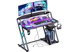 MOTPK Gaming Desk with Power Outlet & LED Lights, Computer Desk 40 Inch with PC Storage Shelf, Gaming Table with Carbon Fiber Texture, Gamer Desk, Gift for Boys Men, Black
