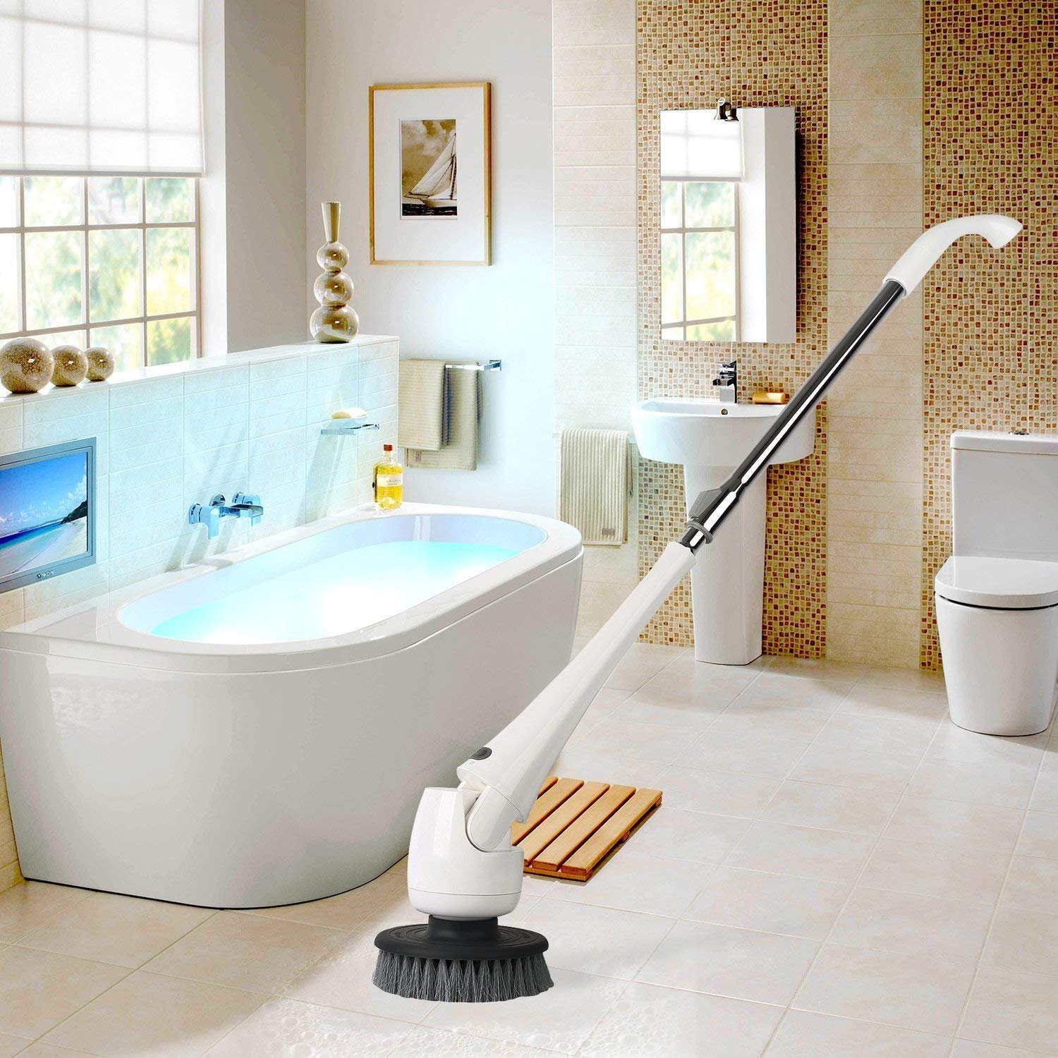 Electric bathroom Brush Cordless Power Scrubber Cleaner Heavy Duty All Purpose Cleaning for Swimming Pool, Bathroom, Window, Car and More (White)