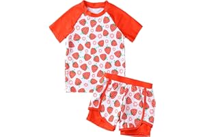 PUSEKY Girls Rash Guard Swimsuit Set 2 Piece Short Sleeve Bathing Suit Beach Swimwear UPF 50+ Sun Proction 3-12 Years