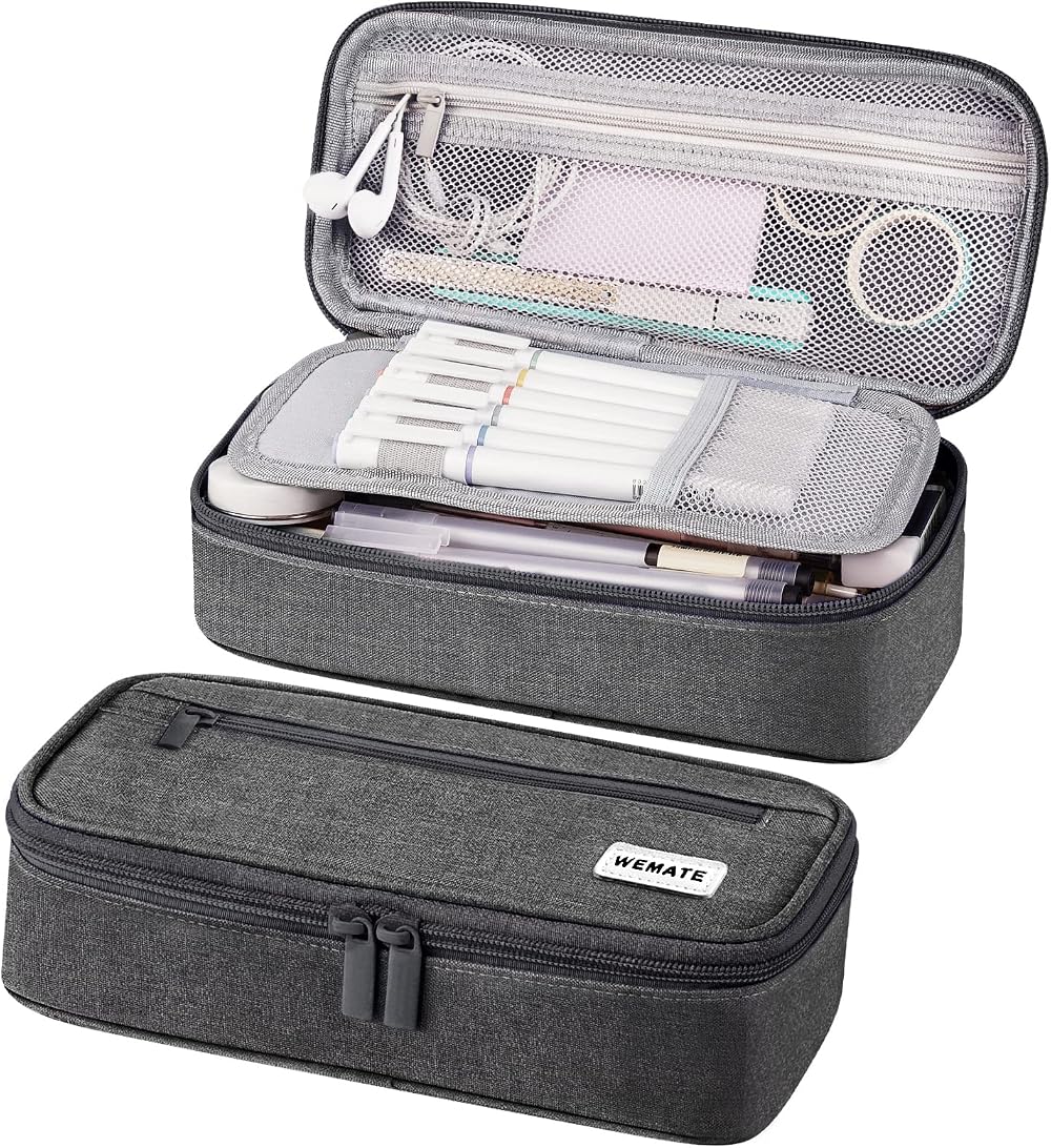 WEMATE Large Pencil Case Canvas 9x4.3x2.4in 5 Compartments Grey