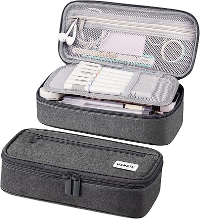 WEMATE Large Pencil Case Canvas 9x4.3x2.4in 5 Compartments Grey