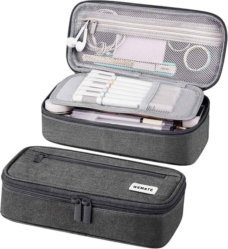 WEMATE Large Pencil Case Canvas 9x4.3x2.4in 5 Compartments Grey