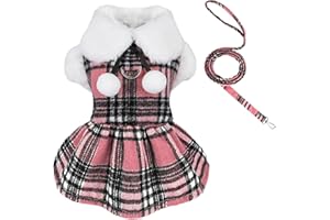 DOSUYI Plaid Dog Harness Dress and Leash Set, Fleece Dog Sweater for Small Dogs Girl, Fall Winter Warm Puppy Clothes with D Ring, Pink Pet Cat Outfit